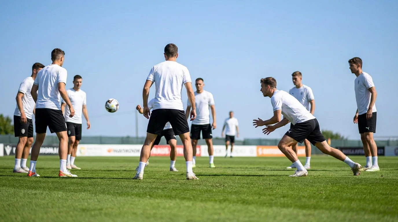 Football players in white kits during a training session on a green pitch
