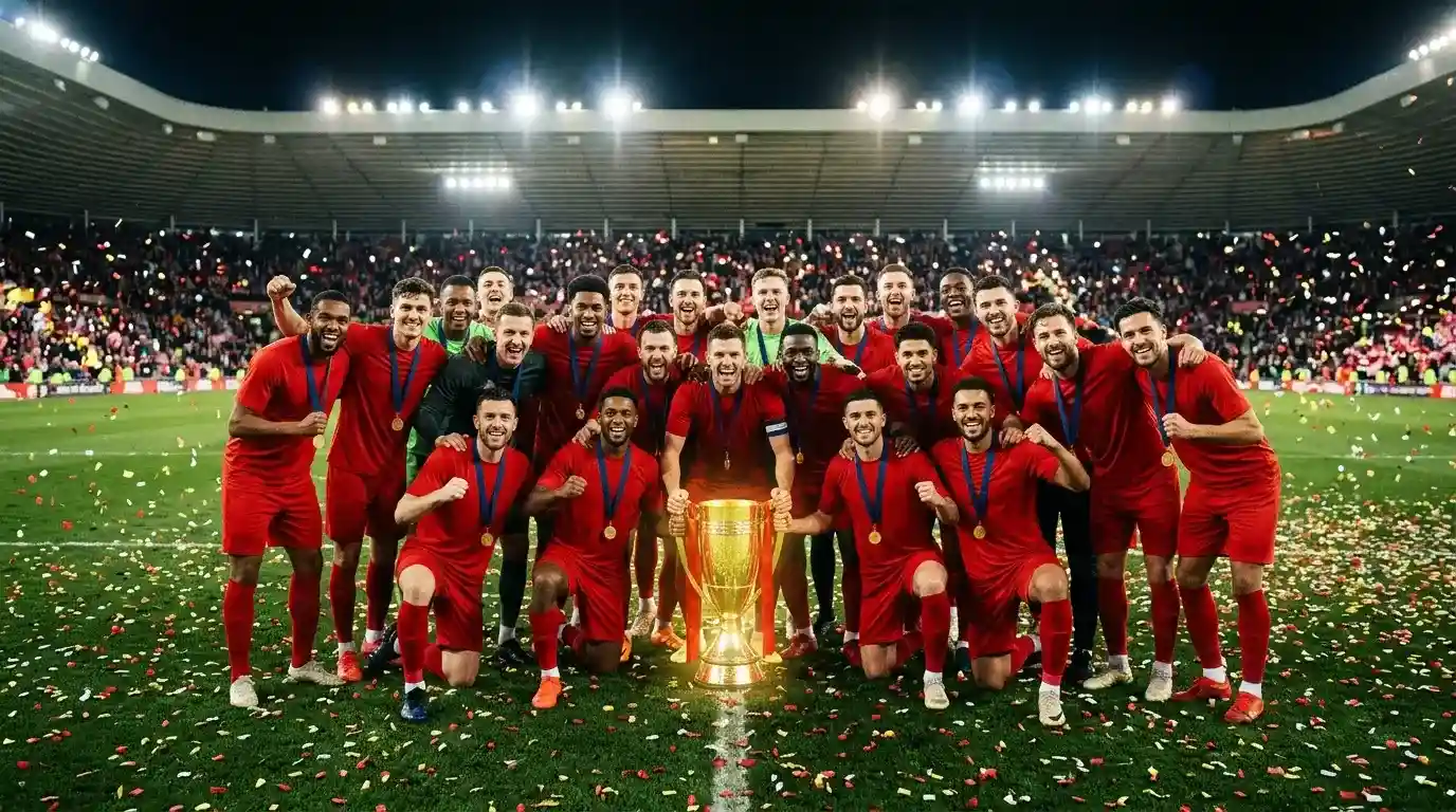 Spain squad posing with the World Cup 2026 trophy
