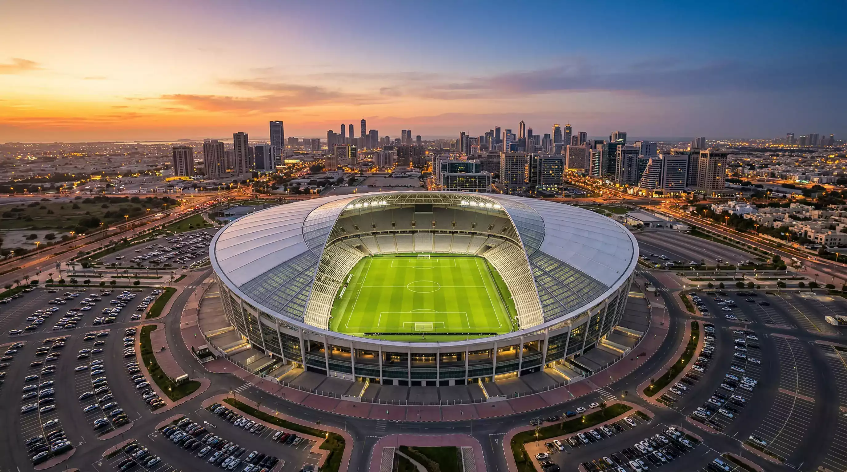 Aerial view of a modern football stadium prepared for the 2026 FIFA World Cup
