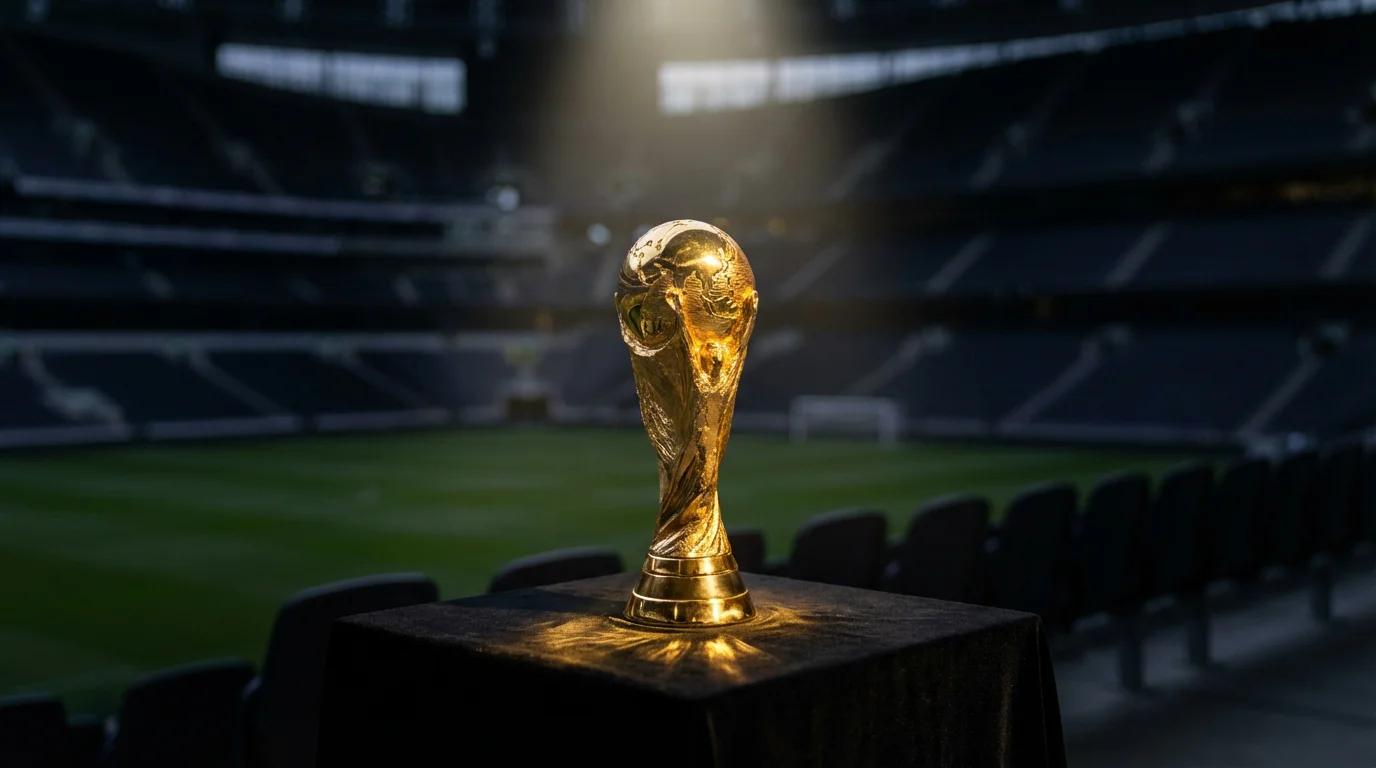 The FIFA World Cup trophy displayed on a podium inside a football stadium